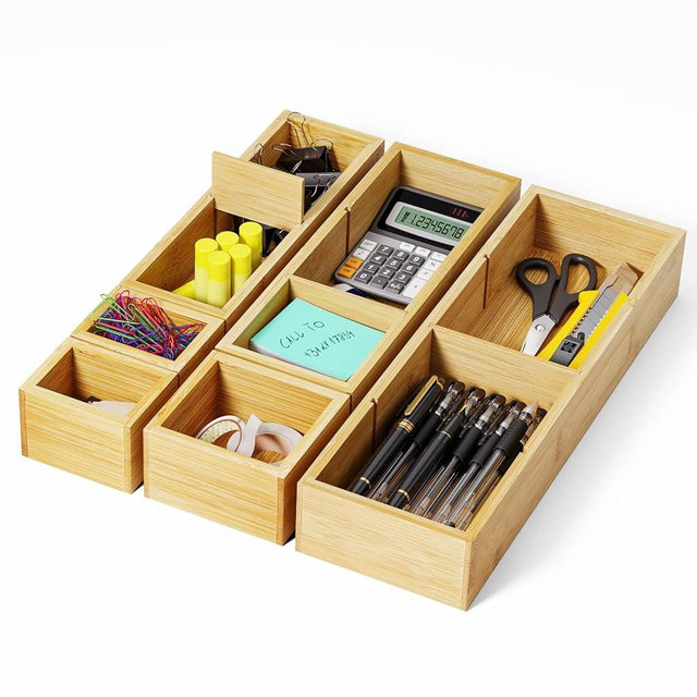 VA1KENE 6PCS Desk Drawer Organizer Tray with 12 Compartments – Bamboo Office Storage Boxes Set for Junk Drawer Supplies, Utensils, Cosmetics, Jewelry and More