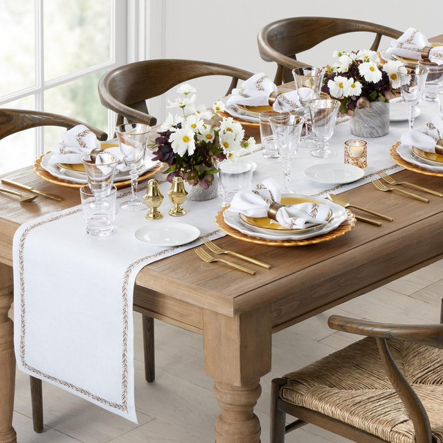 Leaf Garland Embroidered Table Runner, Mocha