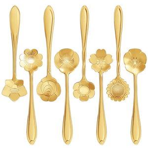 Maitys 16 Pieces Stainless Steel Flower Coffee Spoon Dessert Sugar Ice Cream Stirring Tea Spoon Set for Tableware Kitchen, Cafe or Bar(Gold)