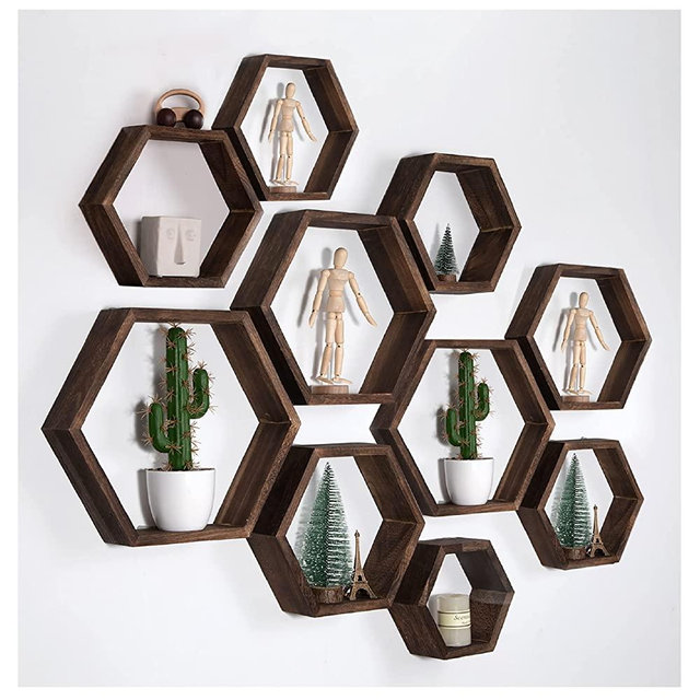 WONFUlity Hexagonal Floating Shelves Wall Mounted Set of 10 Wood Farmhouse Storage Honeycomb Wall Shelf for Bathroom, Kitchen, Bedroom, Living Room, Office