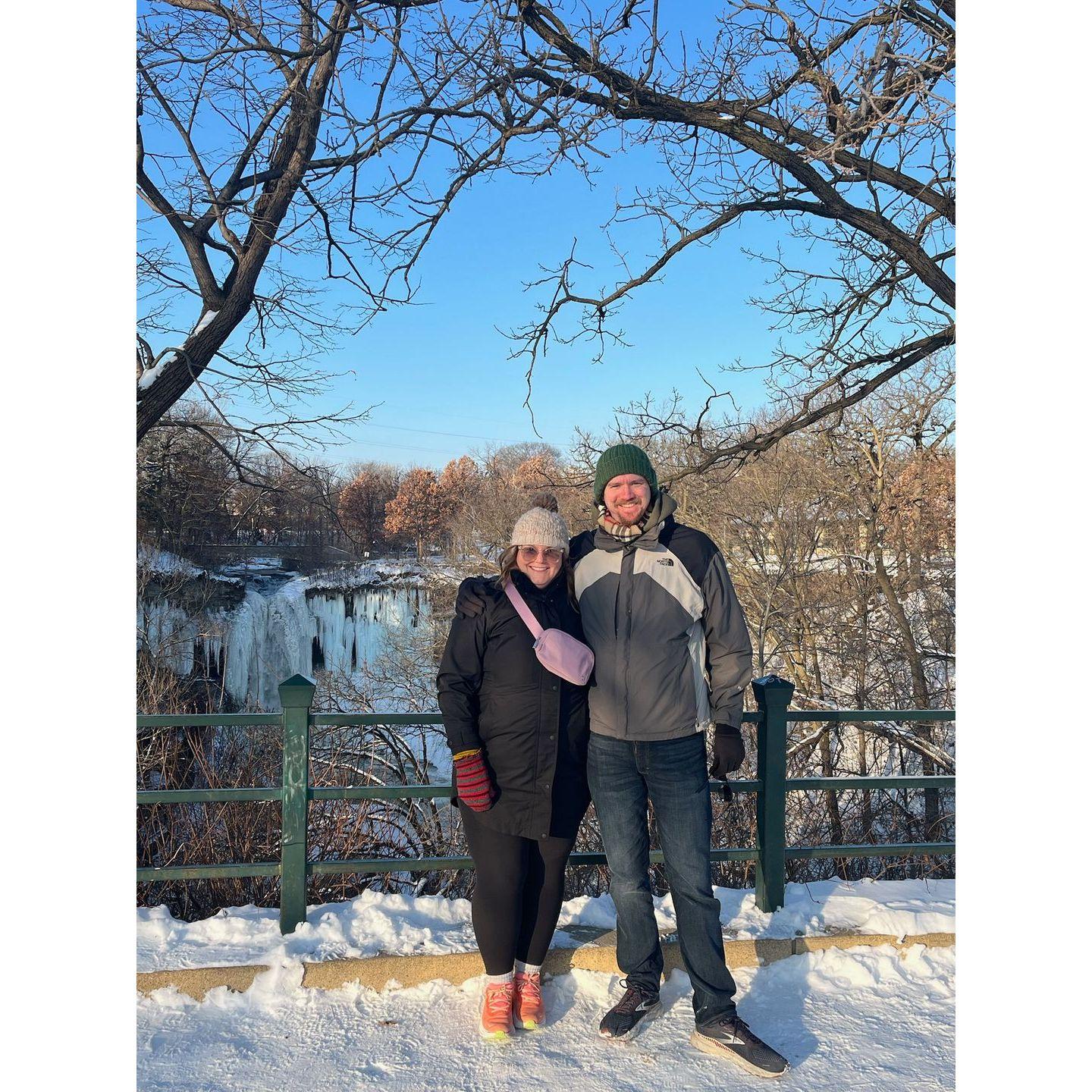 Visiting the frozen Minnehaha Falls on Zach's first trip to MN