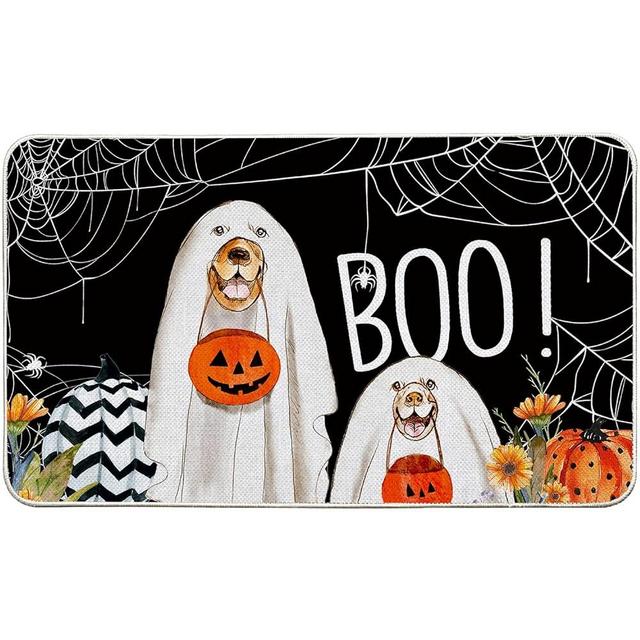 Baccessor Halloween Boo Dog Doormat Indoor Outdoor Rug,Ghost Dogs Spider Web Pumpkin Front Door Welcome Mat Anti-Slip Rubber Backing Entrance Holiday Seasonal Kitchen Floor Decoration 17 x 29 Inch