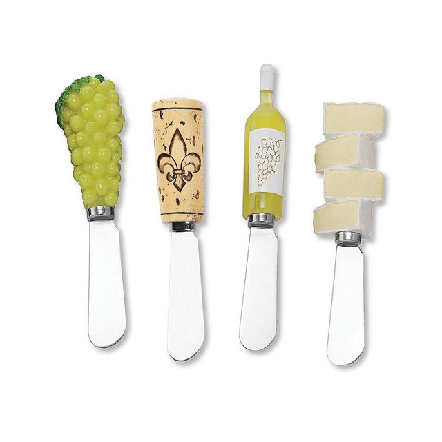 Supreme Housewares White Wine Party Cheese Spreaders, Hand-Painted Resin Handles with Stainless Steel Blades for Spreading Cream Cheese, Butter, and Jam, Assorted Designs, Set of 4