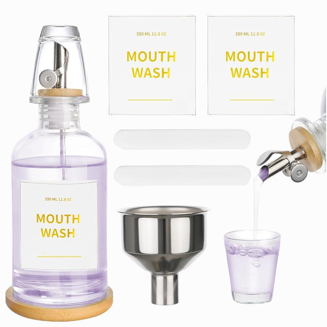 RELBRO Glass Mouthwash Dispenser for Bathroom, 11.8 OZ Refillable Mouthwash Container with Cup, Auto Pour Spout, Bamboo Tray, Funnel, Stickers, Clear, 1 Pcs