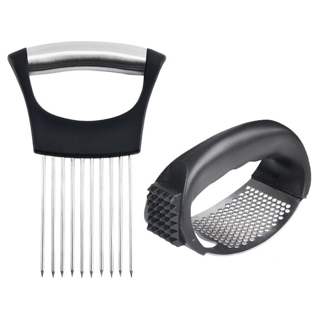 hoehew Stainless Steel Garlic Presser and Onion Slice Holder Set, Garlic Press Rocker Crusher Mincer Chopper, Cutter Kitchen Slicing Assistant Tool for Tomatoes Eggs and Vegetables