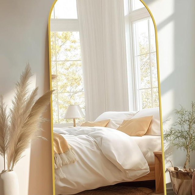Coomily Full-Length Floor Mirror with Stand, 76"x34" Arched Style Full Body Standing Mirror for Bedroom, Living Room, Gym, Dorm - Shatter-Resistant & Easy Assembly, Gold