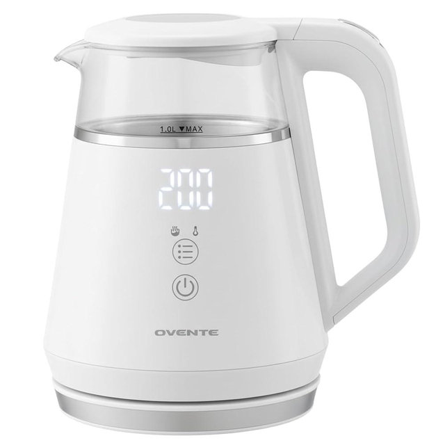 OVENTE 1L Small Electric Kettle with 5 Temperature Preset, Digital Display, 5Hr Keep Warm, Auto Shut-Off, Double-Wall Cool Touch Exterior, Borosilicate Glass,1500W BPA Free Water Boiler, White KD95W