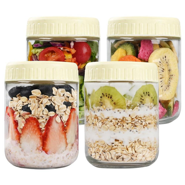 SHOWIN Overnight Oats Containers with Lids, 16oz Glass Jars with Lids 4 pcs, Milk White, Wide Mouth Mason jars for Salad, Yogurt, Snacks, Meal Prep