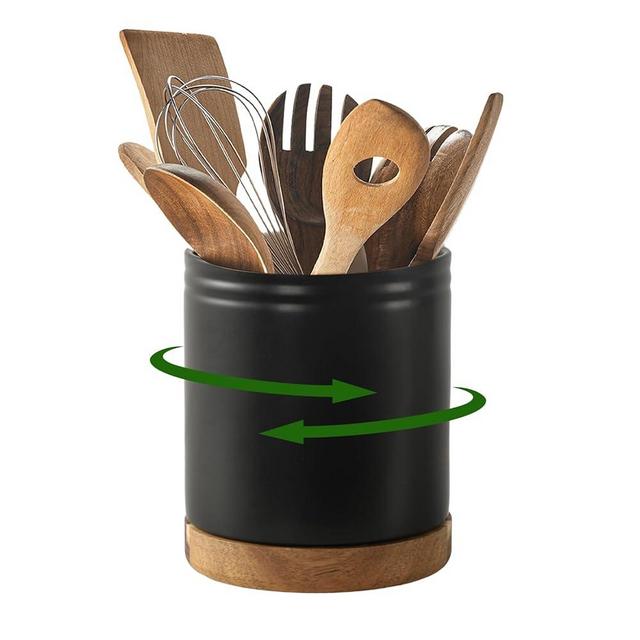 DOWAN 7.6" 360° Rotating Utensil Holder, Cooking Utensil Holder, Kitchen Utensil Holder for Countertop, Ceramic Utensil Crock, Large Utensil Holder for Kitchen Counter, Protection Cork Bottom, Black