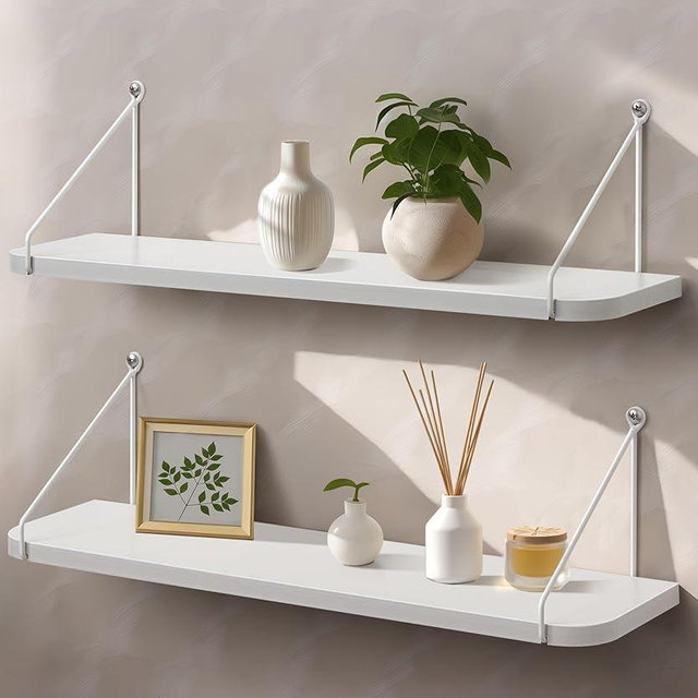 Afuly White Floating Shelves, 24 inch Long Shelves for Wall, Hanging Storage Shelf for Kitchen Bedroom Living Room, Wood Chic Wall Decor, Set of 2