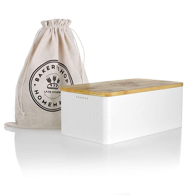 LARS NYSØM Bread Box I Bread Bin with Linen Bread Bag for Long-Lasting Freshness I Bread Box with Bamboo Lid Usable as Cutting Board I 13.4x7.3x5.3 in