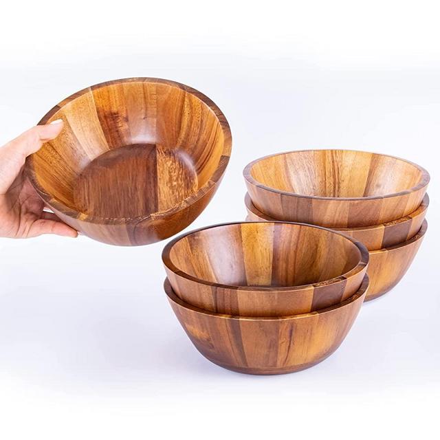 Rustic Wooden Bowls Set of 6, Exquisite Acacia Wood Salad Bowls for Food, Farmhouse Individual Wood Serving Cereals Bowl, Durable Multipurpose for Serving Salad Oatmeal Fruit Pasta Grains Snack