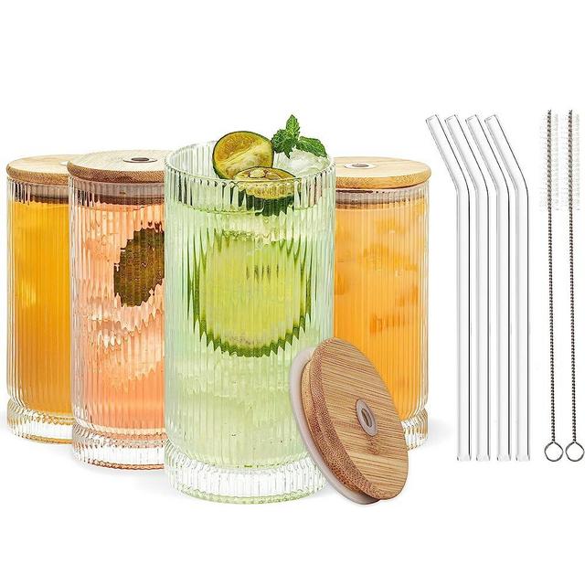 KEMORELA Ribbed Glass Cups With Lids And Straws, 16oz Drinking Glasses, Vintage Glassware Set of 4 Large, Origami Style Cocktail Glasses, Tumbler for Bar Beverages, Whiskey, Beer, Water