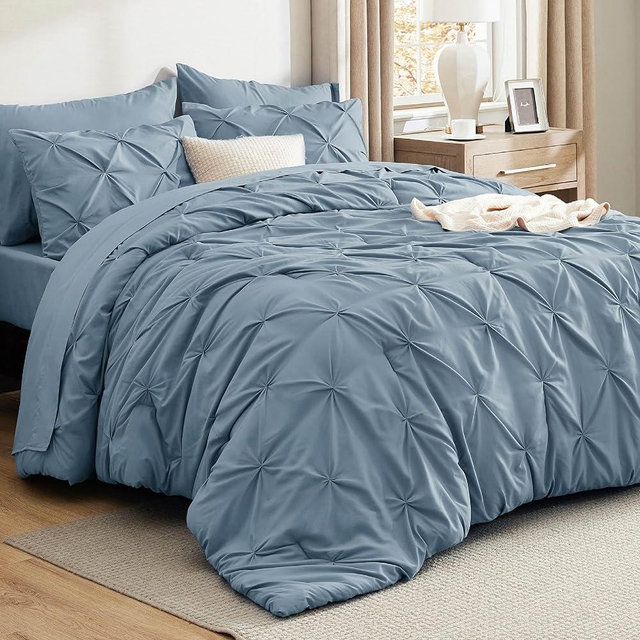 Bedsure Queen Comforter Set Mineral Blue - Bed in a Bag Queen 7 Pieces, Pintuck Bedding Sets Gift for Christmas, Pinch Pleat Bed Set with Queen Size Comforter, Sheets, Pillowcases & Shams