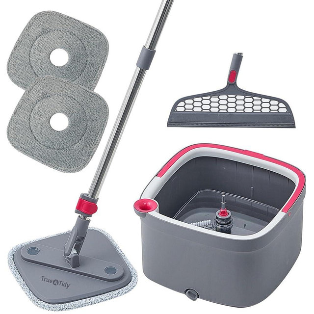 True & Tidy True Clean Mop and Bucket System, Includes Square Spin Mop, Dual Compartment Mop Bucket and 2 Thick Machine Washable Mop Pads, Extra Squeegee Sweeper Mop Head