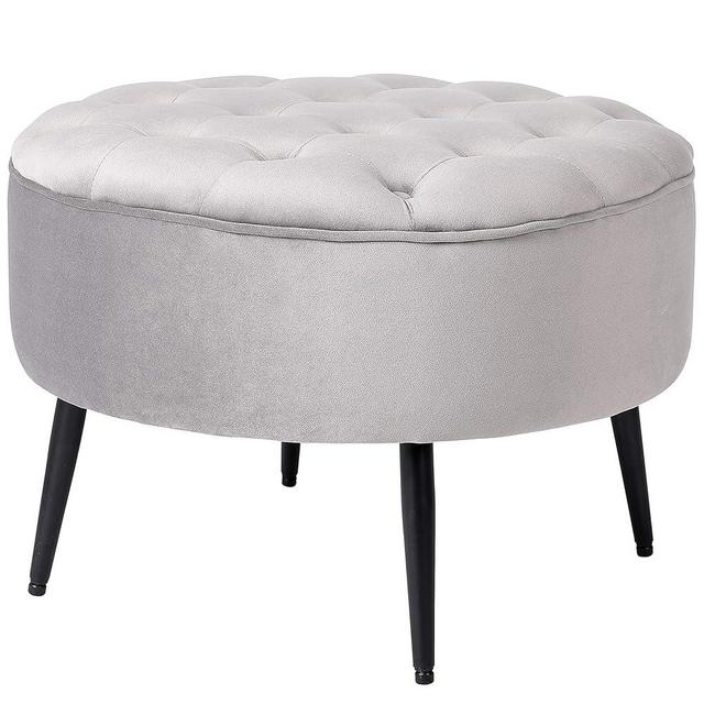 BIRDROCK HOME Tufted Round Grey Ottoman – Velvet Foot Stool – Mid Century Modern Steel Legs - Soft Compact Padded Stool - Living Room or Bedroom – Vanity Chair - Decorative Furniture