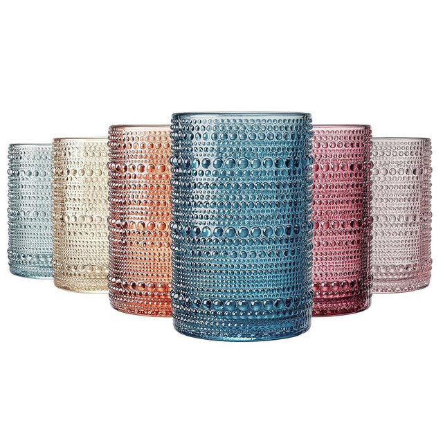 Khen Beaded Highball Drinking Tumbler Set | Set of 6 | Fall & Holiday Decor Vintage Hobnail 12 OZ Muted Bubble Design Whiskey Glassware, Old-Fashioned, Embossed Design Glass for Water Wine, Cocktail
