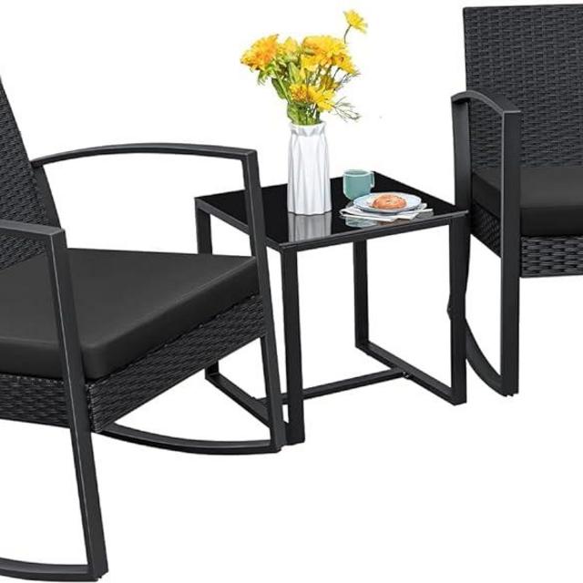 Homall Patio Furniture Set 3 Piece Resin Outdoor Bistro Set Rocking Patio Chairs with Cushions and Table for Porch, Poolside, Balcony and Yard (Black)