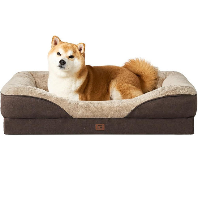 EHEYCIGA Memory Foam Dog Bed for Large Sized Dogs, Orthopedic Sofa With Sides and Waterproof Liner, Washable Bolster Pet Couch, Removable Cover, 36x27x7 Inch, Brown