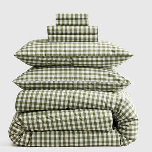 King Size Classic Organic Percale Gingham Deluxe Bedding Bundle in Olive
