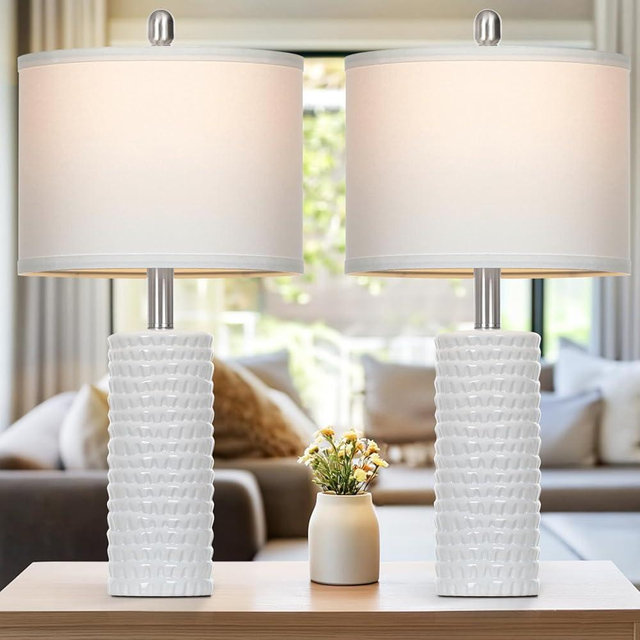 24.5" Modern Ceramic Table Lamps for Living Room ，Farmhouse Nightstand Lamps Set of 2 with White Linen Shade Office Reading Lamp ，Bedroom Lamps for Bedside End Table, Bedroom, Living Room, White