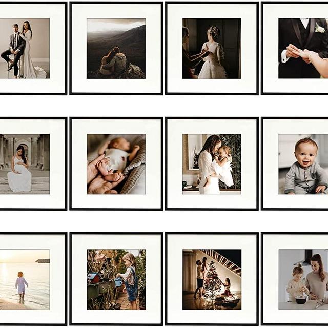 Golden State Art, 12x12 Aluminum Frame for 8x8 Photo Display - Metal Wall Mounting Square Photo Frame Collection with Ivory Color Mat and Real Glass (Black, 12-Pack)