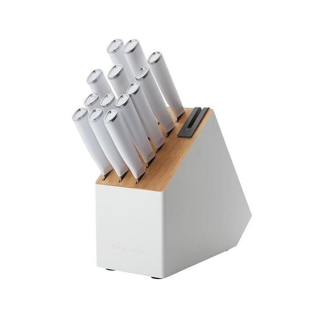 KitchenAid Classic Slim Knife Block Set with Built-In Knife Sharpener, High Carbon Stainless Steel Kitchen Knives, Sharp Kitchen Knife Set with Block, 14-Piece, White