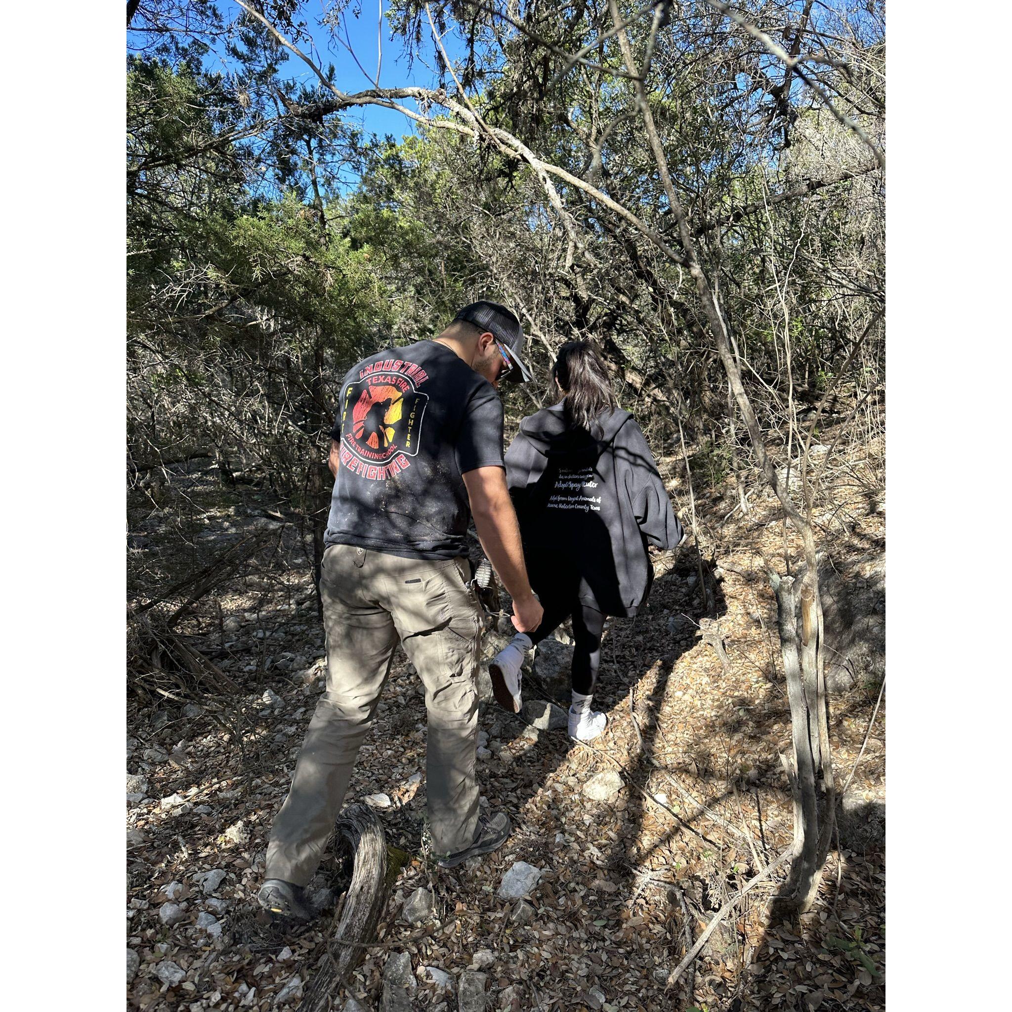 Hiking at Kylie's parents' property in Concan, TX.