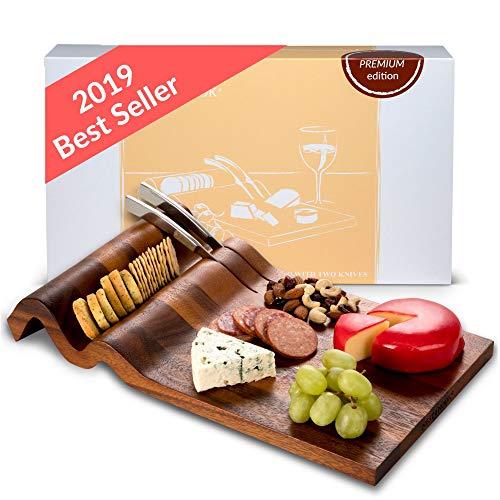 Nest & Nook Cheese Board and Knife Set, Large Charcuterie Board with 2 Stainless Steel Knives - Real Acacia Wood Trays. For Serving Cheeses, Meats, Crackers, Wine. Wedding Presents for the Couple.