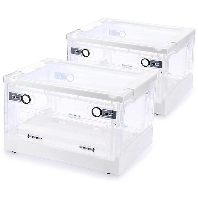 BTSKY 2 Pack Collapsible Storage Bins with Double Side Doors , 20 L Clear Plastic Folding Storage Boxes with Lid , Stackable Plastic Organization Cube Box with Wheels for Home & Office Organization, Cloth Toys Books Snacks Bottles(White)