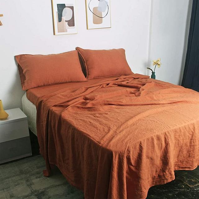 100% French Natural Linen Bedding Victory Symbol Ultra Soft Stone Washed 4 Piecces Sheets Set(Caramel,King)