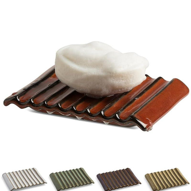 Bar Soap Holder, Ceramic Soap Dish Japanese Soap Tray for Countertop & Saver for Shower, Lift Soap Keep Dry，with Self Drain, Red