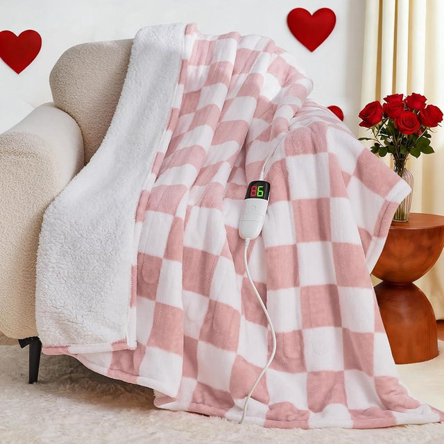 Light Pink Heated Blanket Electric Throw, 50X60 Heating Blanket with 10 Heat Levels & 8 Hours Auto Off for Lap, Checkered Plaid Soft Sherpa Blankets for Mom Grandma Women Couch