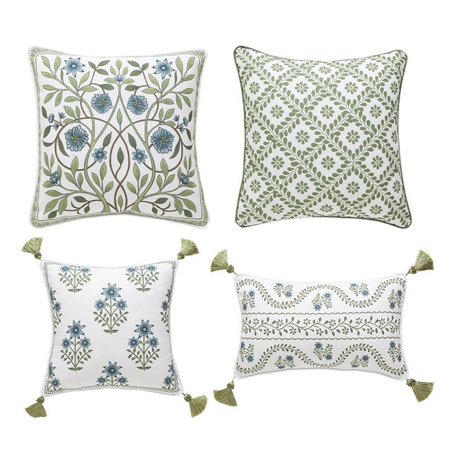 ISAENNE Design Fresh Linen Lumbar Square Throw Pillow Covers Set of 4, French White Cottage Cushion Covers with Blue Floral Green Branches Pattern Decor Pillowcases for Bed,Living Room,Outdoor,Car