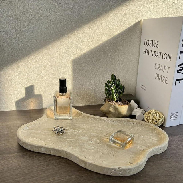 Natural Travertine Vanity Tray, Cloud Shape Decorative Organizer, 13.7x9 inches, Beige Stone Tray for Bathroom Counter, Kitchen, Dresser