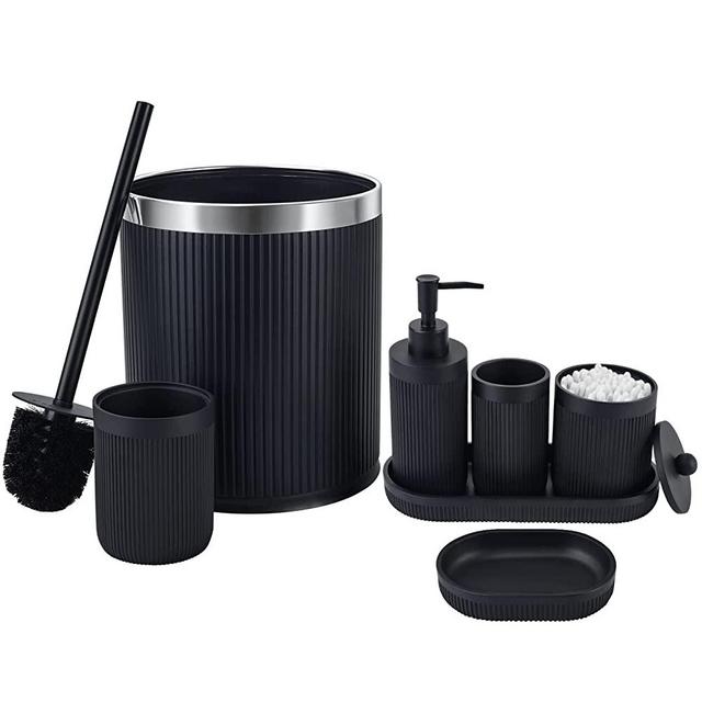 Bathroom Accessory Set,7Piece Black Bathroom Accessories Set with Trash Can,Toothbrush Holder,Lotion Soap Dispenser,Bathroom Vanity Tray,Qtip Holder,Soap Dish,Toilet Brush with Holder,Matte Black