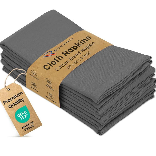 Ruvanti Cloth Napkins Set of 4, 18x18 Inches Napkins Cloth Washable, Soft, Durable, Absorbent, Cotton Blend. Table Dinner Napkins Cloth for Hotel, Lunch, Restaurant, Wedding Parties - Charcoal Grey