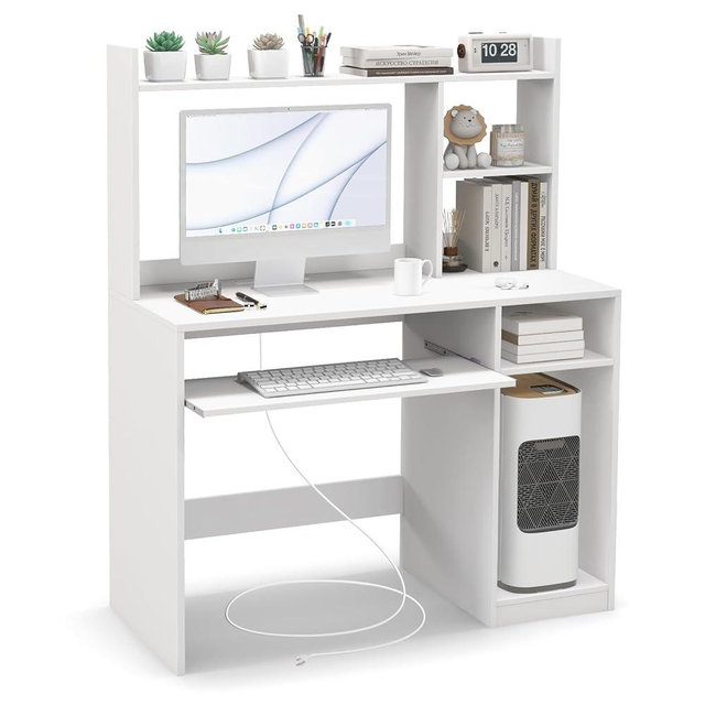 IFANNY White Computer Desk with Hutch, Wood PC Desk w/Power Outlet, Keyboard Tray and CPU Stand, Modern Writing Desk with Bookshelf, Student Desk for Bedroom, Simple Work Desk for Home Office