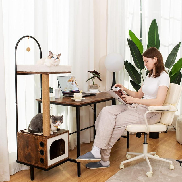 DOICAH Cat Tree in Computer Desk,Vintage Simple Home Office Desk with Cat Scratching Post and Cat Condo,Cat House,24x47 Inches Office Table,Cat Bed for Indoor Cats,Gaming Desk with cat,Rustic Brown