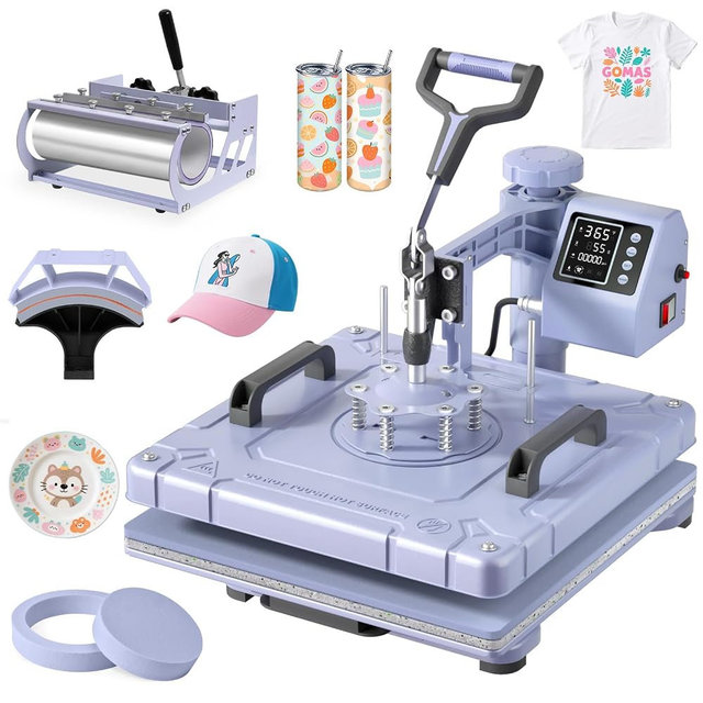 Slendor Heat Press 15x15 Inch 5 in 1 Heat Press Machine with 30OZ Tumbler 360-Degree Swing Away Digital Multifunction Heat Transfer Sublimation Combo for T Shirts Mugs Hat Plate Cap, Lavender