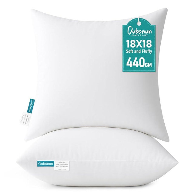 Oubonun 18 x 18 Throw Pillow Inserts - Soft, Plush & Decorative Down Alternative Pillows for Couch Sofa Bed, Machine Washable - White, Pack of 2