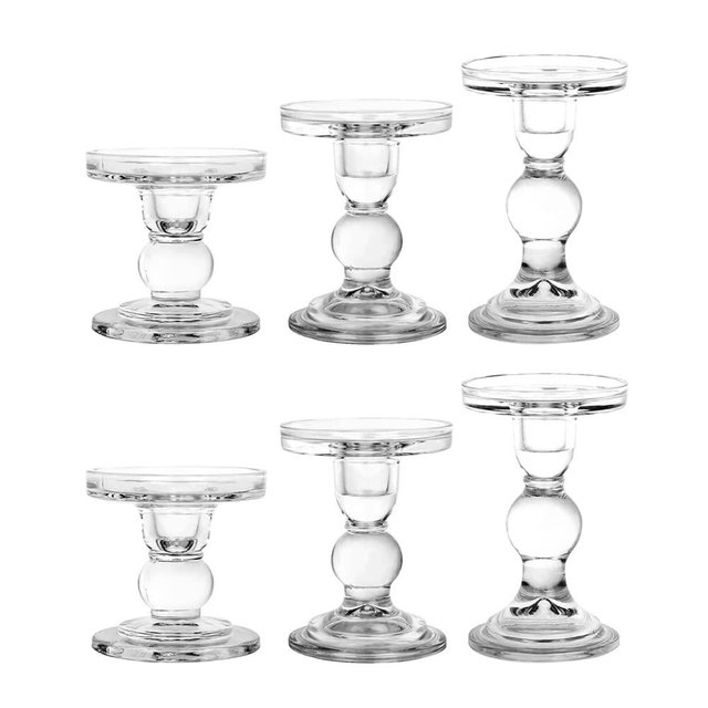 BTGLLAS 3-Piece Set of Glass Candlestick, Crystal Candlestick Holder Holder and Conical Candle, Christmas Candle Holder Decoration, Family Living Room Wedding Candle Holder (Clear 2sets)