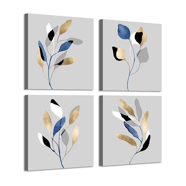 ARTISTIC PATH Leaf Artwork Nature Picture Painting: Branch with Golden Leaves, 4 Pieces Wall Decor Set (16" W x 16" H x 4 PCS,Multi-Sized)