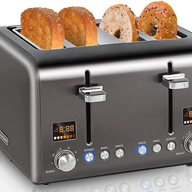 SEEDEEM 4 Slice Toaster, Stainless Steel Bead Toaster with 2 Colorful LCD Display, 7 Bread Shade Settings, 1.4'' Extra Wide Slots Bagel Toaster with Cancel/Bagel/Defrost/Reheat Functions, Removable Crumb Tray, 1800W, Dark Metallic