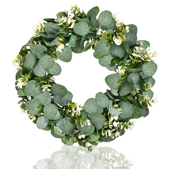 Martine Mall Artificial Eucalyptus Wreath 15inch Eucalyptus Leaves Wreath with Flowers Green Leaf Wreath Year Round Front Door Hanger Wall Window Party Festival Wedding Décor