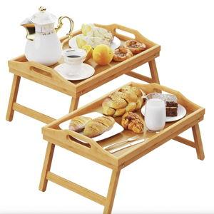 2 Pack Breakfast in Bed Tray for Eating, 16.92 x 12.6 Inch Bed Table Tray with Folding Legs & Handles, Bamboo Food Lap Trays Fits for Adult Kids Eating/TV/Surgery Recovery by Easoger. Set of 2
