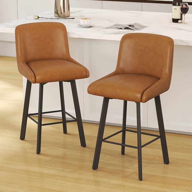 SAECKBERG Swivel Counter Height Bar Stools Set of 2, 26''H Upholstered Barstools with Backs, Modern Bar Stool Chairs for Kitchen Island, Metal Legs, Faux Leather, Whiskey Brown Stools Counter Chair