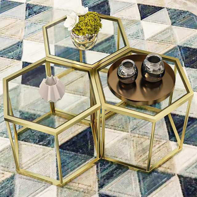 LUGSHIREE Gold Glass Coffee Table Modern Glass Center Table, Hexagon Free Combination Coffee Table Small End Tables for Living Room Set of 3