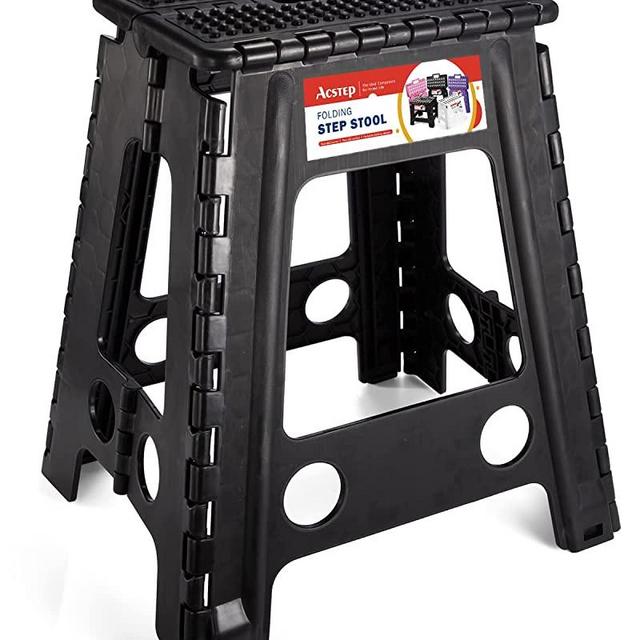 ACSTEP Folding Step Stool 18 Inch Folding Stool Step Stools for Adults and Kids Non-Slip Foldable Step Stool Plastic Collapsible Stepping Stool with Handle Holds Up to 300 LBS Dot Black (1 Pack)