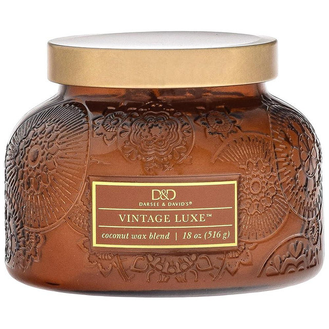 Amber Candle w/Vintage Luxe Embossed Jar (17.6 oz) - Large Scented Candles for Relaxing - Dual Wick Embossed Glass Jar Candle - Fossil Pine Tree Scented Candle Gift for Women